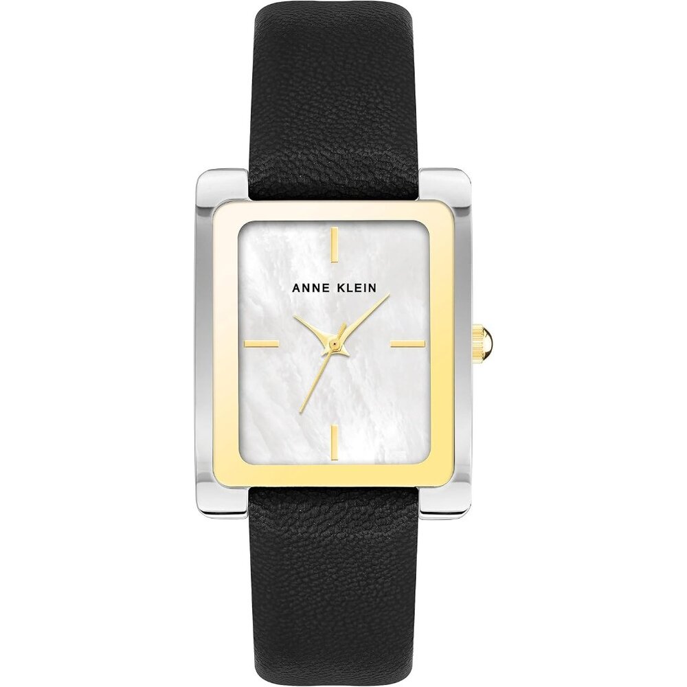 Women's Faux Leather Strap Crystal Lens Black/Tow Tone Buckle Closure Watch